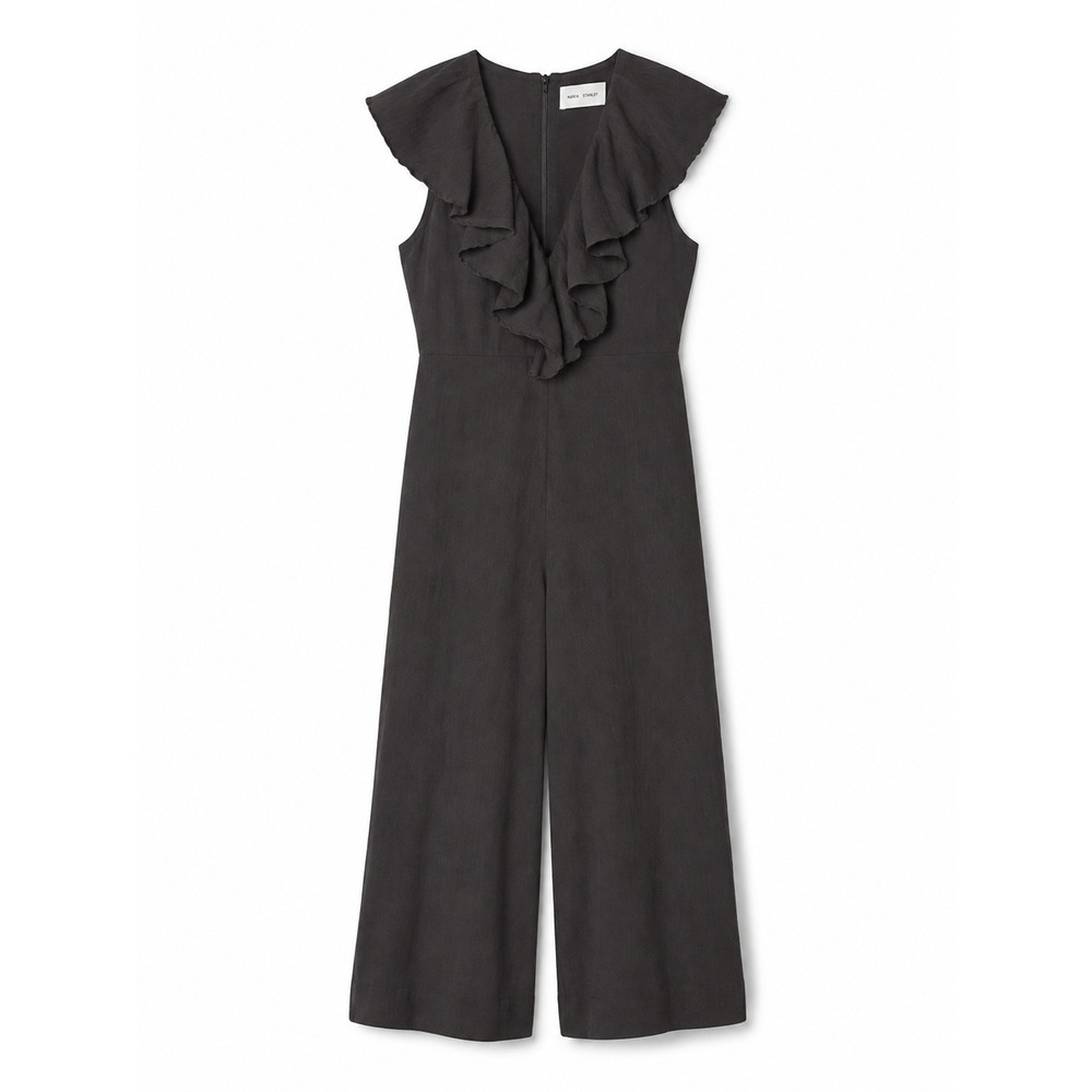 Maria Stanley‎ Ruffle V-Neck Wide Leg Jumpsuit Charcoal Grey Black Size S NWT